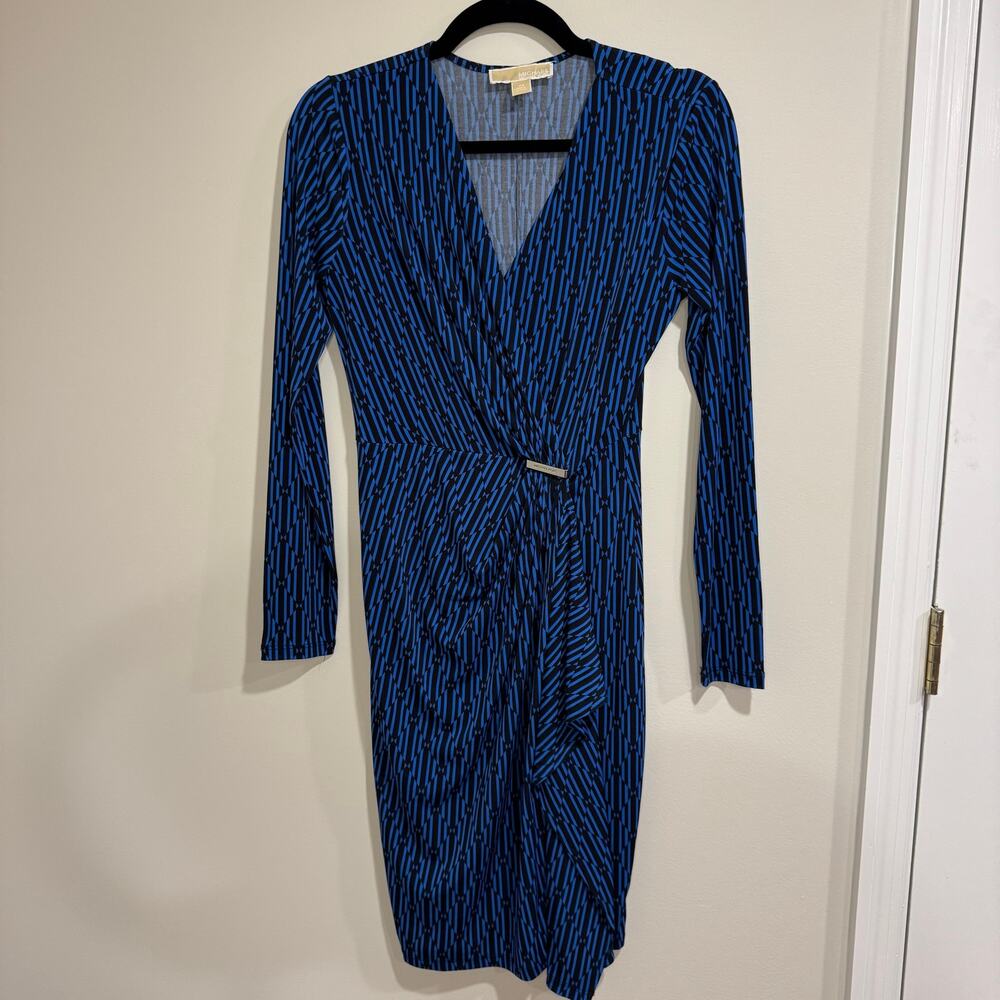 Michael Kors Womens Blue Black Striped Stretch Jersey Faux Wrap Dress Size XS